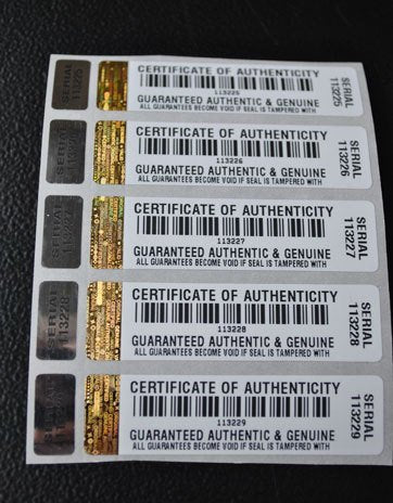 1000 X COA Certificate of Authenticity Tamper Evident Two-Part Security Stickers/Labels with Hologram and Corresponding Small Label