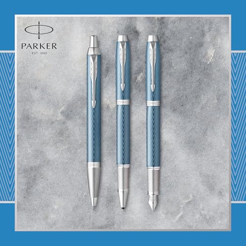 PARKER IM Fountain Pen | Premium Blue Grey with Chrome Trim | Fine Point with Blue Ink Cartridge | Gift Box