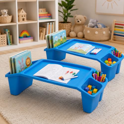 Basicwise 2-Pack Blue Activity Desk Tables with Cup Holders & Storage