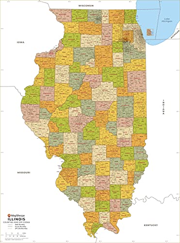 Illinois ZIP Code Map with Counties - Standard - 36" x 48.5" Laminated