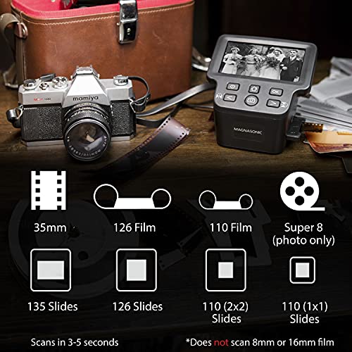 Magnasonic All-in-One 24MP Film Scanner with Large 5" Display & HDMI, Converts 35mm/126/110/Super 8 Film & 135/126/110 Slides into Digital Photos, with Bonus 32GB SD Card (FS71)