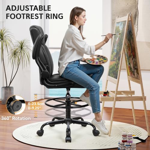 Drafting Chair, Tall Office Chair for Standing Desk, High Executive Leather Ergonomic Computer Chair with Adjustable Height and Flip-Up Armrest for Counter Height Desk, Black, Pack of 1