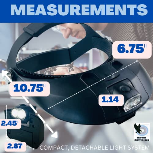 HAWK OPTICALS 2 LED Illuminated Headband Magnifier - Black || 5 Lens Power Options || Adjustable Fit || Great for Jewelry Making, Watch & Electronic Repair, Sewing & Embroidery