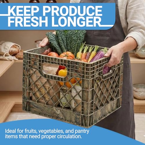 Mirapet Milk Crate, Stackable Plastic Storage Bin, Camo, 16 Qt, 4-Pack
