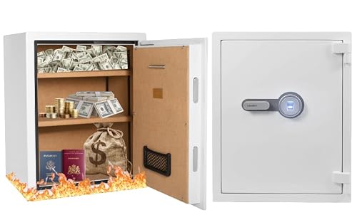Barska 4.48 Cu. Ft. Biometric Fireproof Safe – White Fingerprint Security Safe 100-User Memory, Fire Rating 30 Min @ 1200°F, Steel Locking Bolts, Key Hooks & Carpeted Interior Fire Safe Jewelry