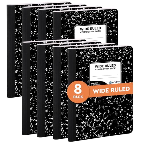 Emraw Black & White Marble Style Cover Composition Book with 100 Sheets of Wide Ruled White Paper (8 Pack)