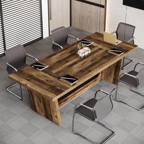 Tribesigns 6 FT Conference Room Table, 71”Large Executive Seminar Desk for 6–8 People, Rectangular Meeting for Office, Heavy-Duty Business Boardroom with Wooden Pedestal Base, Dark Brown