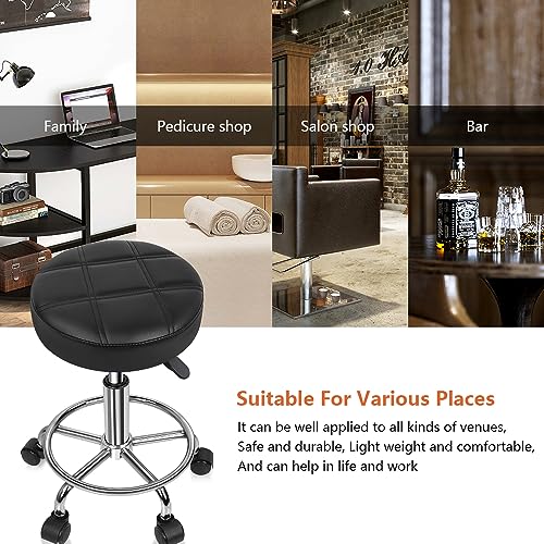 KKTONER Round Rolling Stool Chair PU Leather Height Adjustable Swivel Drafting Work SPA Shop Medical Salon Stools with Wheels Office Chair Small (Black)