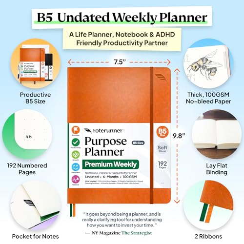 Roterunner Purpose Planner Notebook B5 5.8”x8.3” Undated 2026 Daily Weekly and Monthly Productivity Goal Setting Tool for Work Home ADHD Planner for Adults Self Care Journal (Orange Softcover)