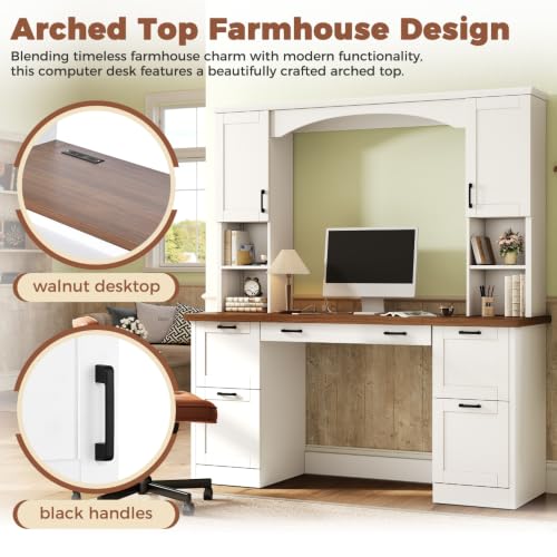 EWUZOSE Arched Computer Desk with Hutch Charging Station and File Drawer (Engineered Wood,White)