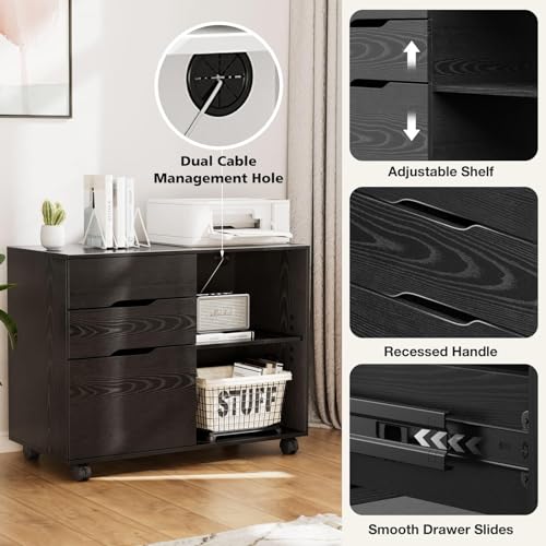 OLIXIS 3 Drawer File Cabinet Mobile Lateral Printer Stand with Adjustable Storage Shelves for Home Office Small Space, Black