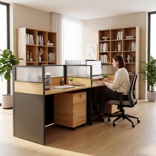 2 Person Office Cubicle Desk with Privacy Panels Cubicle Workstation, Oak