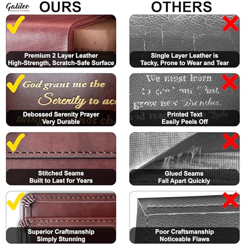 GALILEO® Single AA Big Book Cover with Coin Holder | PU Leather | AA Book Covers for Hardcover | AA Gift | Alcoholics Anonymous | Luxury Design (Single/Serenity Prayer/Brown)