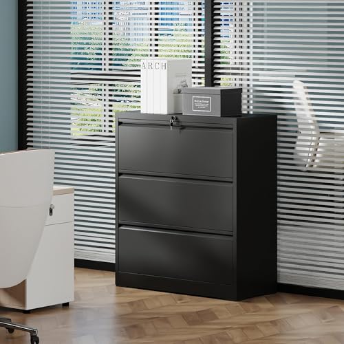 ASKVDL 3 Drawer Metal Lateral File Cabinet with Lock, Black