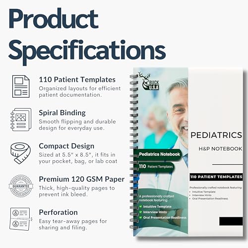 2 Pack Pediatrics H&P Notebook: 110 Perforated History & Physical Templates, 2-Page View, Spiral-Bound, Pocket Size 8.5"x5.5", Includes Medicine Reference Sheet – Ideal for Students & Professionals