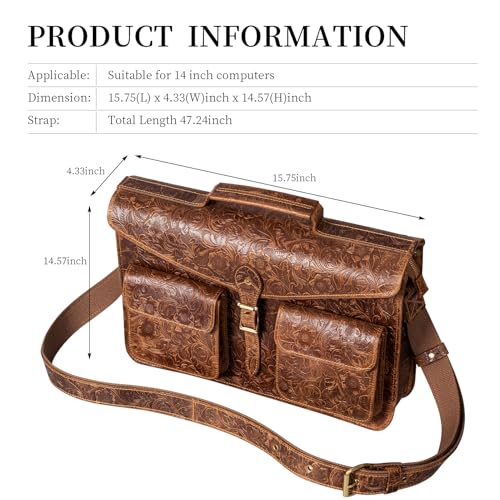 Gexmil Leather Messenger Bag, Laptop Briefcase Bag,Flower Brown