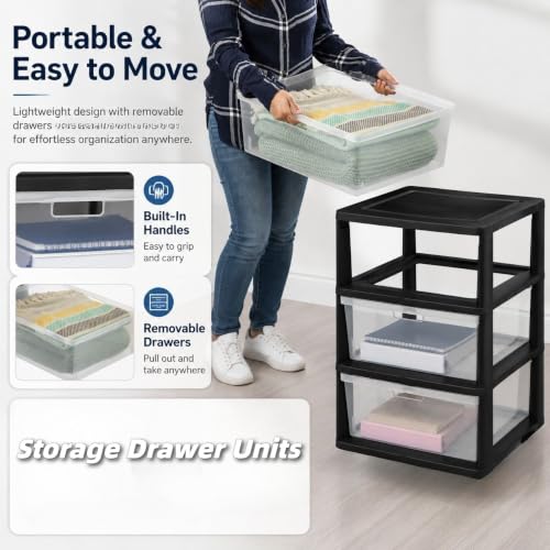 Pomiler Plastic 3 Drawer Storage Organizer,Drawer Rolling Cart with Clear Pull Out Drawers with 4 Wheels,for Classroom Art Supplies Bathroom Dorm Bedroom Laundry Room (Black)