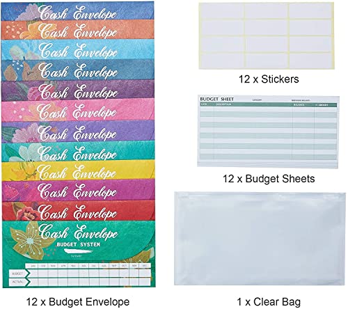 QERTYHKK Cash Budget Envelopes Wallet System,12 Pcs Waterproof for Saving Money, with Sheets