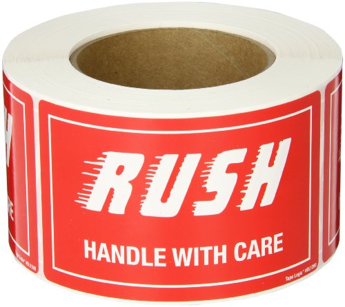 Tape Logic Aviditi Tape Logic 3" x 5","Rush Handle with Care" Red/White Warning Sticker, for Shipping, Handling, and Packing (1 Roll of 500 Labels)