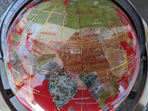 Limited Edition! Unique Art Since 1996 RED Table Top Gemstone World Globe with Tripod Silver Zinc Alloy Stand (220MM/9 INCHES/RED OCEAN)