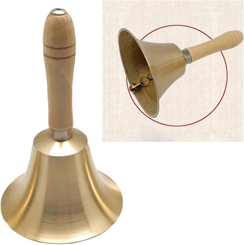 Hand Bell Extra Loud Solid Brass Call Bell， Rattle Bell with Wooden Handle School Bell Handheld Loud Call Bell for Table Hotel Counter Reception Restaurant Bar- 14cm