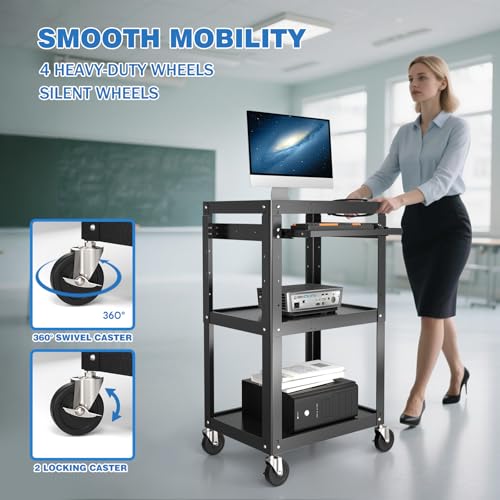 POCHAR Steel AV Cart on Wheels - Rolling Projector Cart with Height Adjustable Shelf, Pullout Keyboard Tray, Power Strip, Cord Management - Mobile Media Carts Computer Workstation for Office Classroom