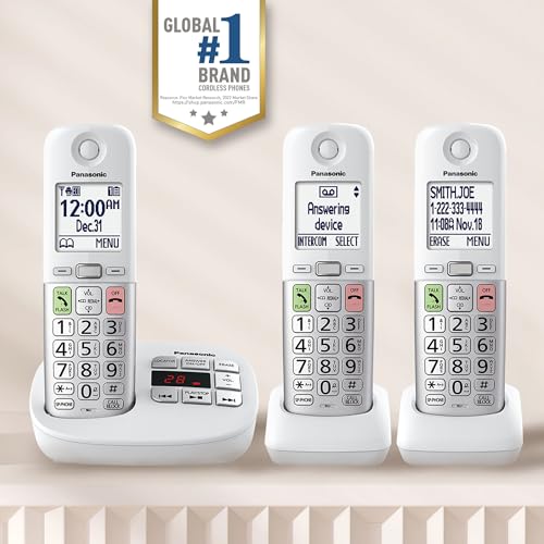 Panasonic Cordless Phone, Easy to Use with Large Display & Big Buttons, Flashing Favorites Key, Flashlight, Call Block, Volume Boost, Talking Caller ID, House Phones, 3 Handsets - KX-TGU433W