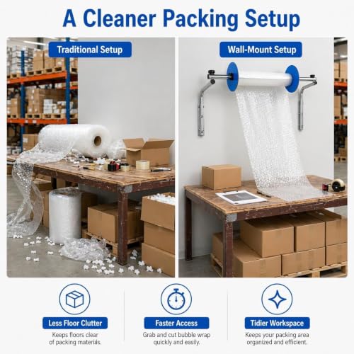 Bubble Foam Wrap Roll Dispenser, Wall Mount Bubble Cushioning Holder, Galvanized Steel, Positioning Clip Fixation, Easy To Install, For Packing Moving Shipping Protection Factory Express 30cm