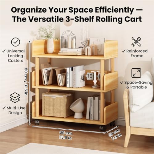LLXMGRSH Rolling Bookshelf with Wheels, 4 Tier Mobile Bookcase, Narrow Storage Cart with Casters, Wood Standing Organizer, Portable Shelving Unit for Living Room, Bedroom(A,80CM/31.4IN)