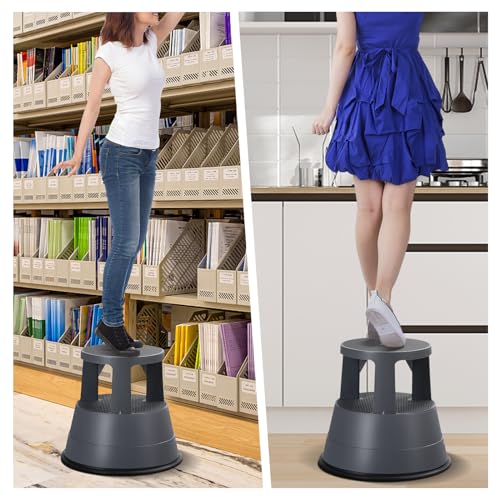 MAT EXPERT Rolling Step Stool, Round Step Stool with Rubber Ring & Non-Slip Platform, 350 LBS Weight Capacity, Portable Library Stool with Wheels Ideal for Kitchen, Library, Office, Garage