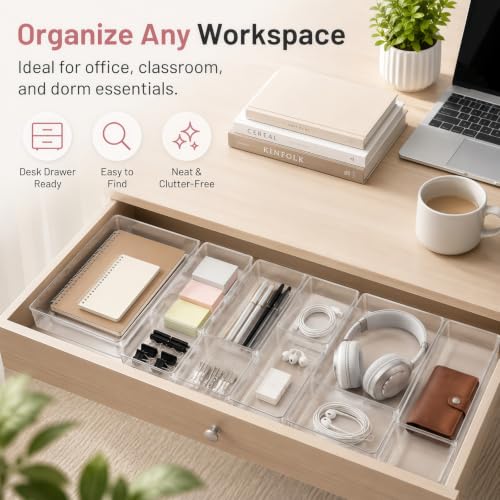 CHOWAY 8 Pack Large Clear Plastic Drawer Organizer Trays, 3 Sizes, Non-Slip