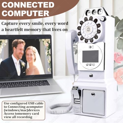 DzkZen Retro Style Wedding Video Guest Book, Vintage Telephone Booth with MP4 Video & Audio Message Recording, 5000mAh Battery Capacity, 5-7 Hours Usage, Guestbooks Black-64GB