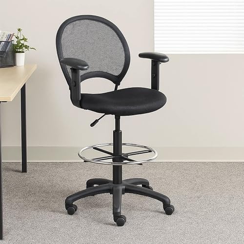Benzara Rea Drafting Stool Chair, Adjustable Arms, Black Mesh, Chrome Footring