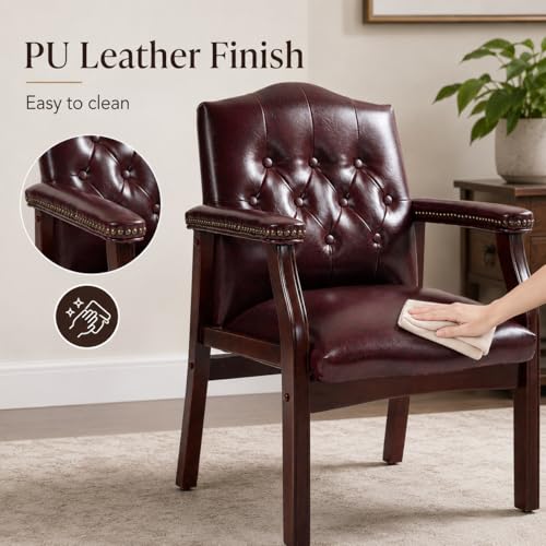 Elyveont Burgundy Leather Office Reception Chair No Wheels with Arms, Guest Waiting Room Chairs with Padded Seat, Executive Side Lobby Chair for Conference, Church, Pastors