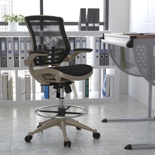 BizChair Mid-Back Transparent Black Mesh Drafting Chair with Melrose Gold Frame and Flip-Up Arms