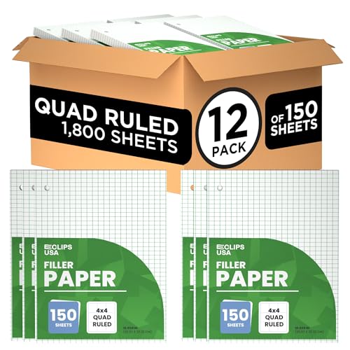 Graph Paper Loose Leaf Paper Quad Ruled Notebook Paper Quad Ruled 4” x 4” Square Lined Writing Filler Paper 10.5” x 8” 1800 Sheets 150 Sheets Per Pack 60 gsm (12 Pack)