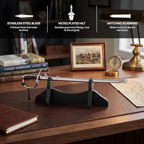 Glendale Parade Store US Army Officer Saber Letter Opener, Miniature Military Sword Replica, Stainless Steel Engraved Blade, Scabbard & Wood Display Stand, Collectible Desk Accessory, Veteran Gift