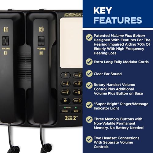 Med-Pat - D2200-2 Can Talk 2 Telephone - Euro Style Twin Handset Telephone with 3 Built in Memory Keys for Enhanced Privacy, w/Ring/in-Use Light Indicator, Landline Phone for Home, Business & Office