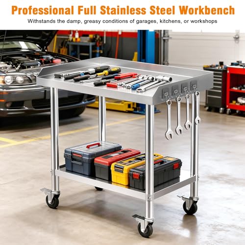 ilkqeppe Stainless Steel Table, Rolling Kitchen Island & Prep Table with 3-Sided Splash Guard, 36"x24"x36" Work Tables with Wheels, Commercial Kitchen Island for Kitchen, Garage & Restaurant