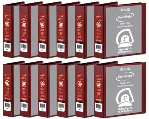 12 Pack, 3" Burgundy Slant-D Ring View Binder w/ 2-Pockets
