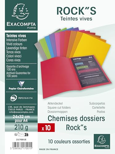 Exacompta - Ref 217001E - Rocks Square Cut Folder - 240 x 320mm in Size, Suitable for Holding A4 Documents, 210gsm Coloured Card -Assorted Colours (Pack of 10)