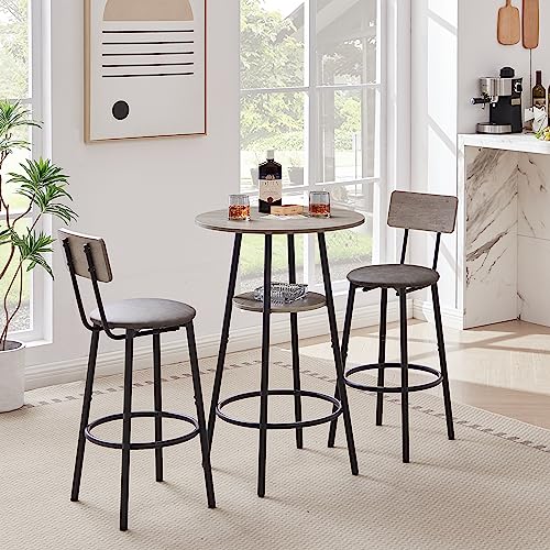 AMNOOL Round Bar Stool Set with Shelf with Backrest and Synthetic Leather Upholstered Stool, Bar Table and Chair Set with Ring Footrest Metal Frame Suitable for Home, Balcony, Office (Grey)