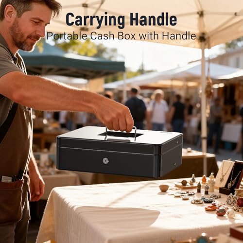 Tera Cash Box with Cantilever Tray: 11.8" Portable 4 Bill 5 Coin, KL180