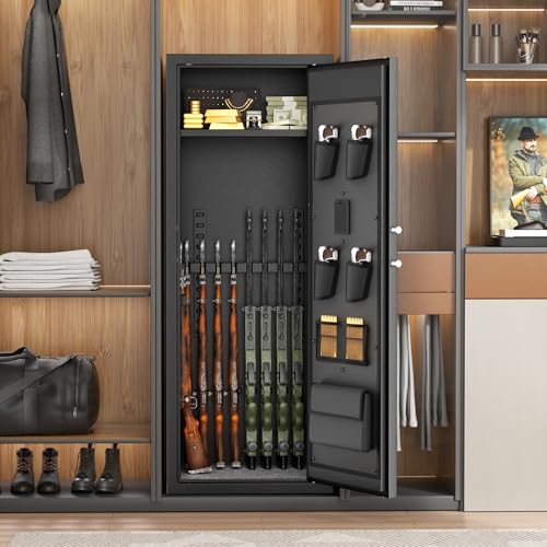 Greenvelly 15-18 Gun Safe for Rifles and Pistols, Quick Access Rifle Safe with Digital Keypad and 4 Handgun Pockets, Gun Cabinet with 3 Removable Gun Racks for Home, Bedroom, Hunter Cabin, Black