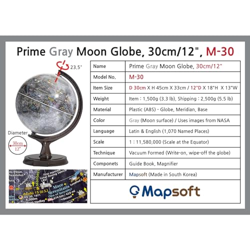 Mapsoft Prime Gray Moon Globe, 12" Lunar Globe and Atlas, Moon Map and Poster