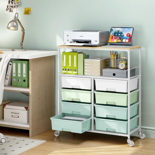 APEXCHASER Rolling Storage Cart with 8 Large Drawers, Wooden Tabletop