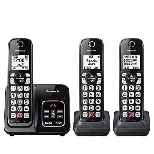 Panasonic Cordless Phone with Answering Machine, Advanced Call Block, Bilingual Caller ID and High-Contrast Display, Expandable System with 3 Handset Cordless Telephones - KX-TGD833M (Metallic Black)