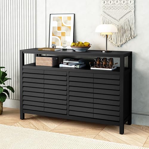 Home Office & Farmhouse Credenza Cabinet with Decorative Louvered Doors – 4-Door Accent Cabinet for Dining Room, Living Room, Kitchen, Hallway, or Entryway – Buffet Sideboard (Black)