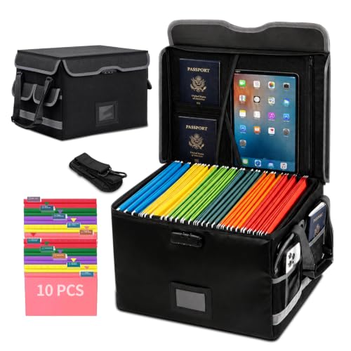 File Box with Lock,Multi-Layer Fireproof Document Box Collapsible File Storage Organizer with Pockets/Handle,Large Portable Home Office Filing Safe for Hanging Letter/Legal Size Folders,Black
