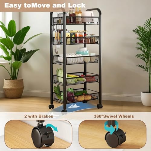 5-Tier Rolling Storage Organizer, Mobile Utility Cart with Wheels, Multifunctional Shelving Unit for Kitchen, Bathroom, Living Room, Office – Easy Assembly, Black (Black)